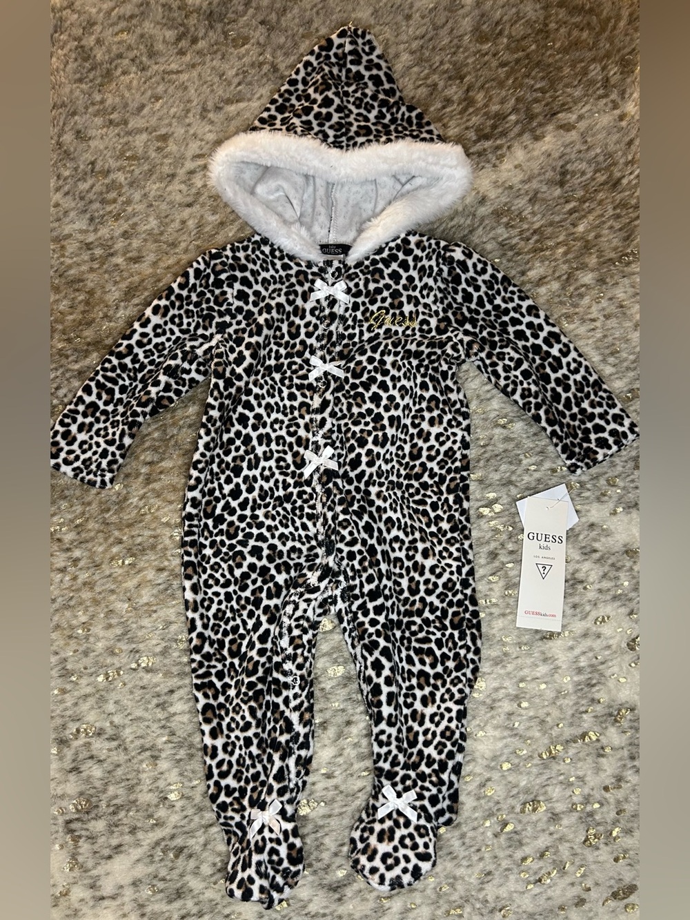 Guess Leopard Print Hooded Footie Sleeper Baby 6-9 Months- New